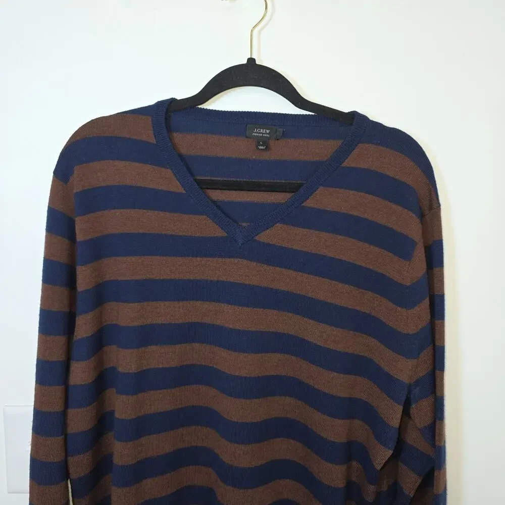 J Crew Wool Sweater Large Mens Pullover Striped Knit Preppy